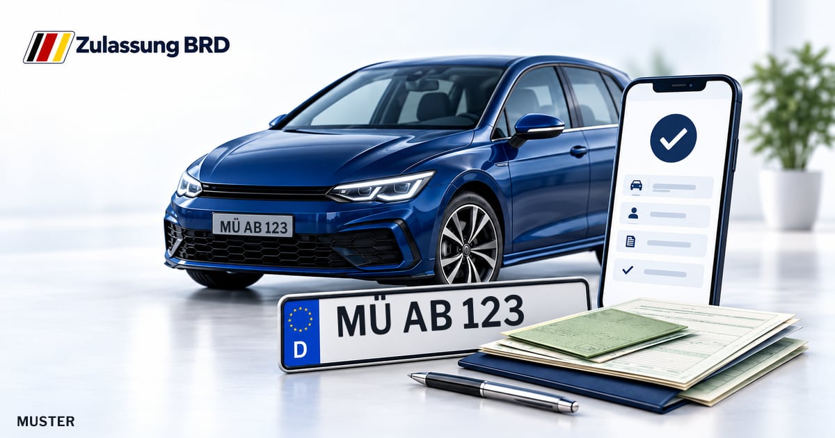Online Fahrzeugzulassung in Mühldorf a.Inn: Musterkennzeichen MÜ AB 123, Auto und Fahrzeugpapiere und Smartphone. Illustration mit Logo von Zulassung BRD.